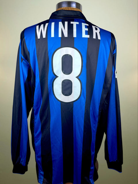 Blue and black striped Inter Milan 1998-99 jersey with 'WINTER' and number '8' on a plain background
