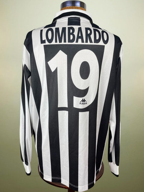 A long-sleeved black and white striped match worn home Juventus 1995-96 jersey with 'Lombardo' and the number '19' printed on the back.