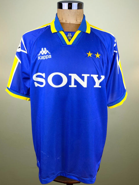 A blue Juventus 1996-97 Away match worn short sleeve jersey with the name Sony sponsor on the front and made by Kappa.