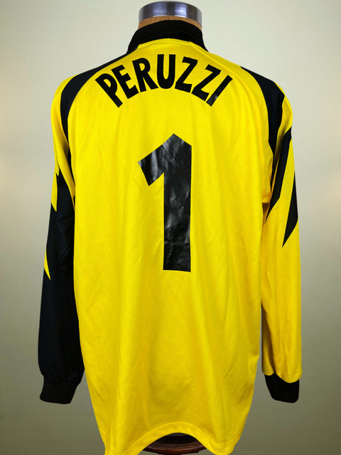 Yellow Juventus Goalkeeper jersey with 'PERUZZI' and number '1' on a mannequin against a gray background