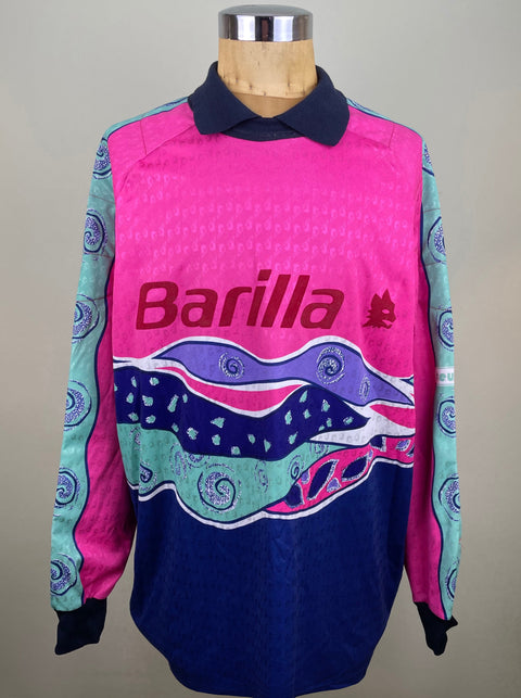 Pink and Blue AS Roma 1993/94 goalkeeper shirt, long sleeves, BARILLA sponsor in pink flock across the chest. Match-worn by Fabrizio Lorieri.