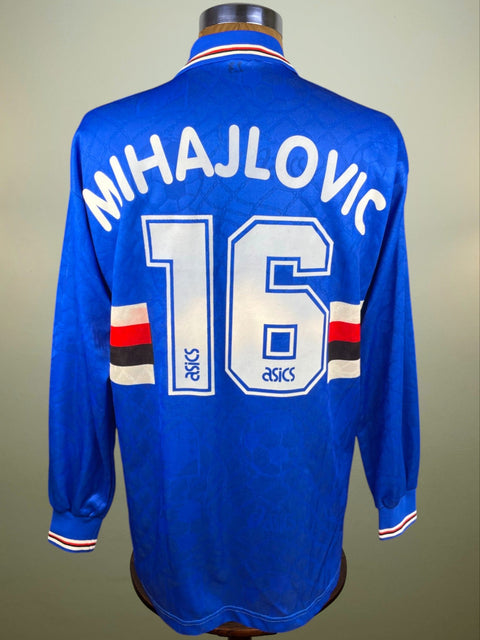 Blue Sampdoria 1995/96 home shirt, long sleeves, MIHAJLOVIC 16 in white flock across the back. Match-worn by Sinisa Mihajlovic.