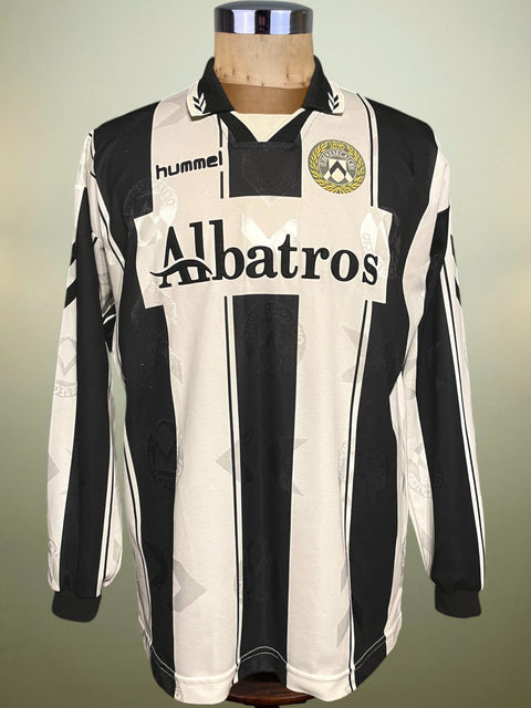 Black-and-white Udinese 1995/96 home shirt, long sleeves, Albatros sponsor across the chest, Hummel logo; match-worn by Giovanni Stroppa.
