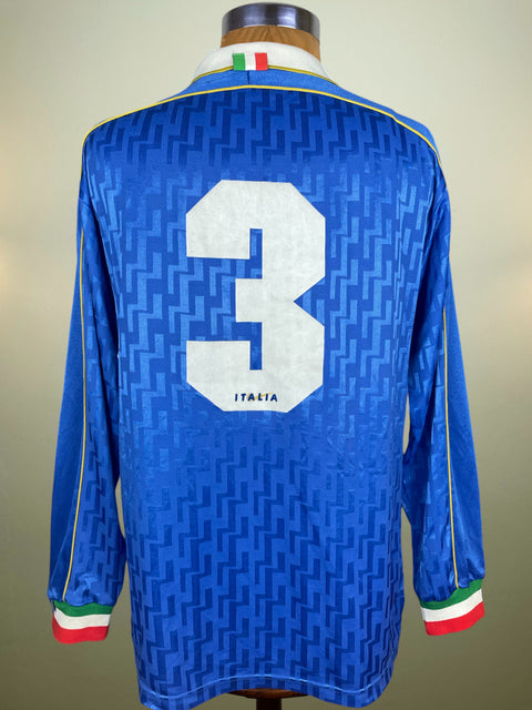 Blue Nike Italy Home jersey from the 1995 Season with Paolo Maldini's number 3 on a mannequin against a neutral background