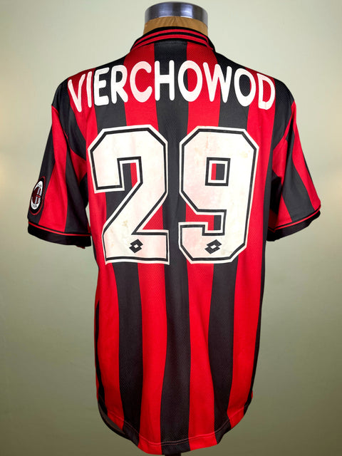 Red and black striped AC Milan 1996-97 Home jersey with 'VIERCHOWOD' and number '29' on a beige background