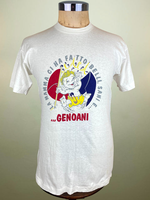 White Genoa t-shirt with colorful graphic and text on a mannequin against a beige background