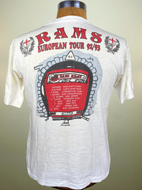 A white short-sleeve t-shirt displayed on a mannequin torso, showing the back graphic for the band Ram's European Tour 92/93. The graphic features a red train illustration and red text.