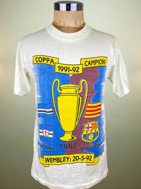 White t-shirt with a European Cup graphic and text on a mannequin against a plain background