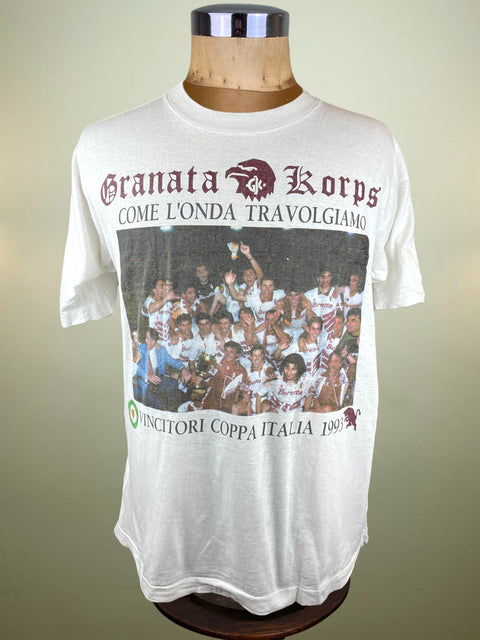 White t-shirt with printed Photo of Torino Winning the Coppa Italia on a mannequin against a plain background