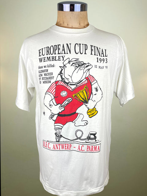 White t-shirt with a graphic of a Bulldog holding the Cup Winners Cup and a Baseball Bat on a beige background