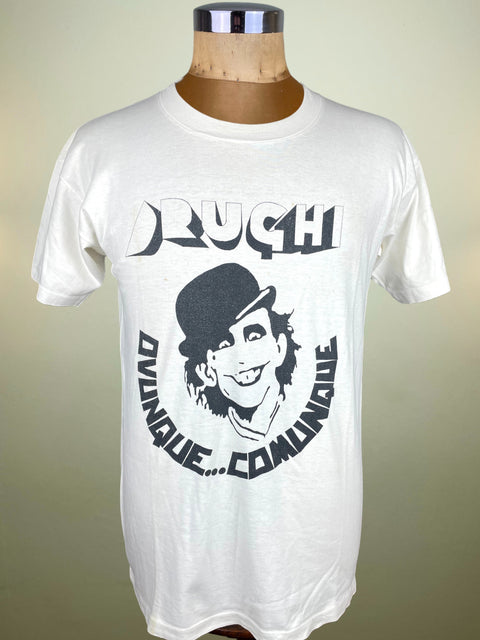 White t-shirt with black Clockwork Orange design for Juve Ultras Group Drughi on a mannequin against a beige background