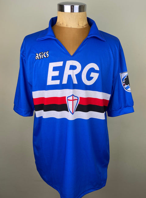 Blue Sampdoria 1990/91 home shirt, short sleeves, ERG sponsor across the chest. Asics logo. Match-worn by Roberto Mancini.