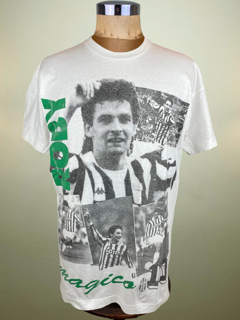 White Juventus Roberto Baggio t-shirt with black and green graphics on a mannequin against a beige background