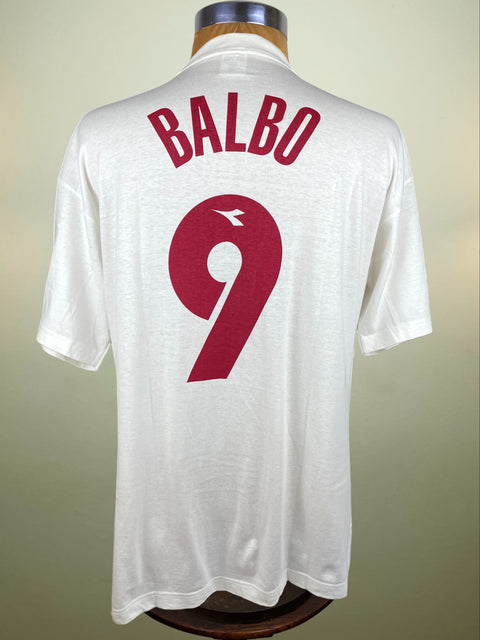 White sports jersey with 'BALBO' and number '9' on a mannequin against a neutral background