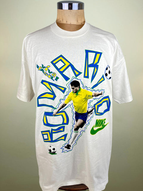 White Nike Brazil t-shirt with Romario graphic and Nike logo on a mannequin against a white background