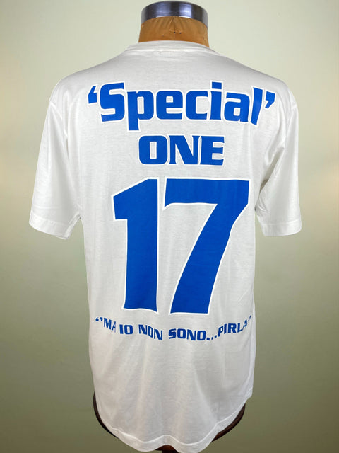 White t-shirt with blue text and number '17' on a plain background
