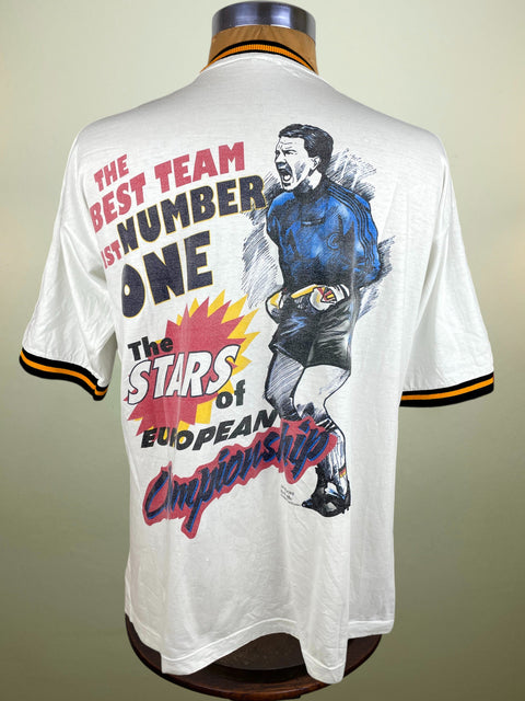 Vintage Germany Euro 96 jersey with graphic design and text on a mannequin against a plain background