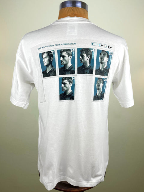 White Nike Italy t-shirt with images Totti, Vieri, Inzaghi and Casiraghi on a mannequin against a plain background