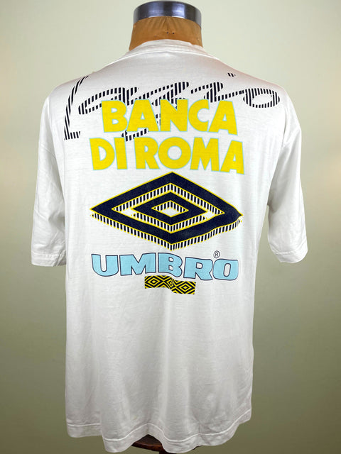 White Lazio t-shirt with 'Banca Di Roma' and Umbro logo on a mannequin against a neutral background