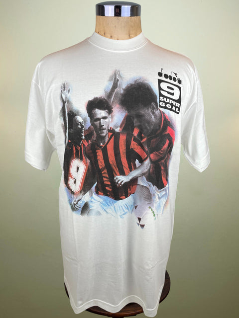 White Diadora t-shirt with graphic of Marco Van Basten and a brand logo on a mannequin against a beige background