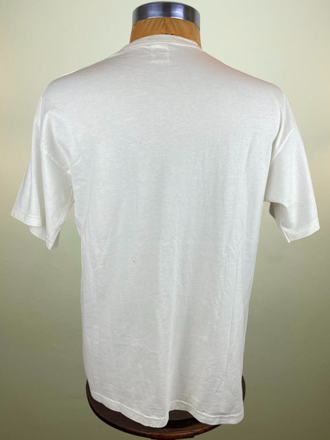 White t-shirt on a mannequin against a plain background