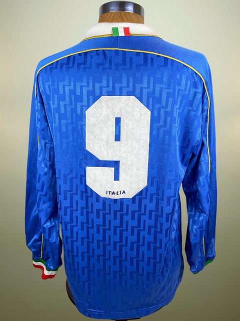 Casiraghi's Blue Italian Match worn jersey with number 9 on a mannequin against a neutral background