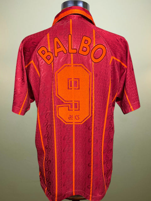 Red AS Roma 1997-98 jersey with 'BALBO' and number '9' on a plain background
