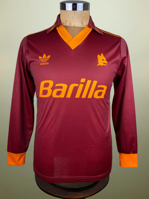 Maroon AS Roma 1993-94 Adidas home jersey with orange accents on a mannequin against a plain background
