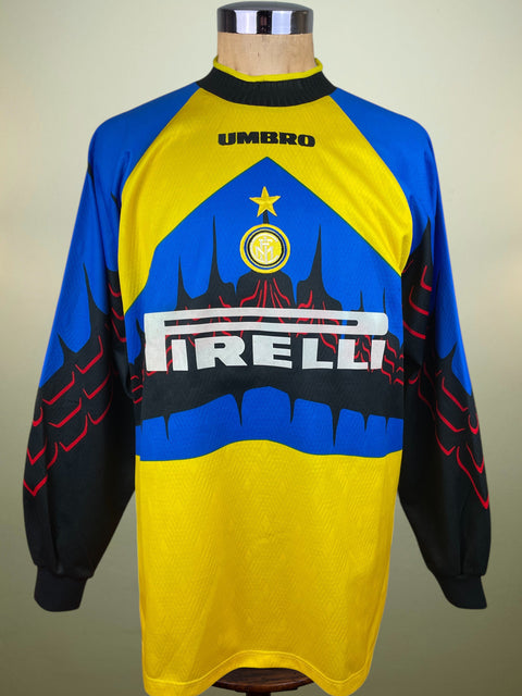 Colorful Inter Milan Goalkeeper jersey with Umbro and Pirelli logos on a mannequin against a neutral background