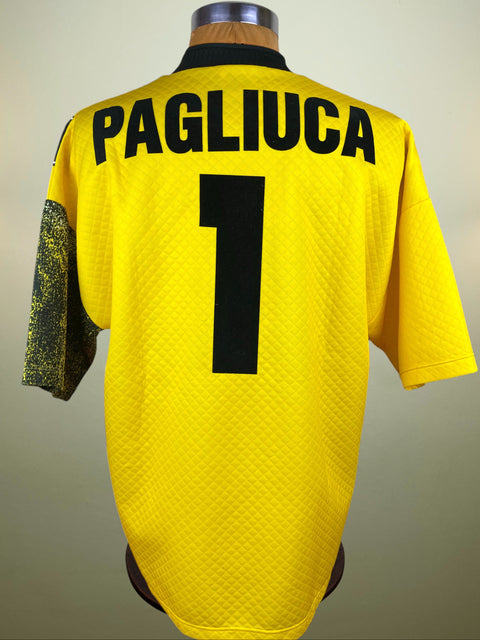 Yellow Inter 1995-96 Milan Goalkeeper jersey with 'Pagliuca' and number '1' on a plain background