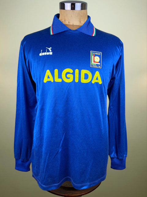 Blue long-sleeve Italy Women's National Shirt with 'ALGIDA' on a mannequin against a neutral background