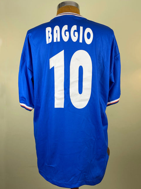 A short-sleeved Brescia soccer jersey with the name 'Baggio' and the number '10' on the back, with a small red and white stripe detail.