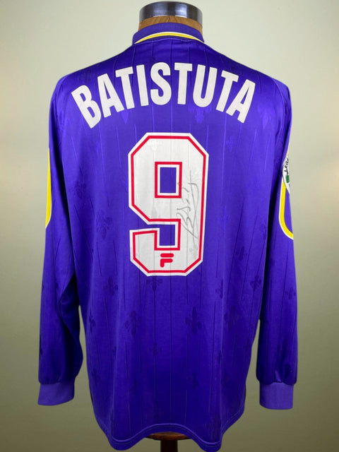 A match worn Batistuta 1997-98 long sleeved Fiorentina home shirt with his name and number 9 in the fabric of the shirt, made by Fila