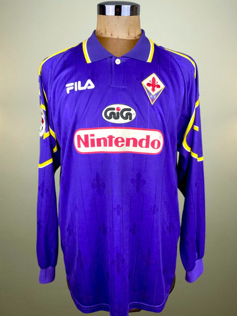 A match worn long sleeved purple Fiorentina 1997-98 shirt with Nintendo sponsor on the chest and made by Fila