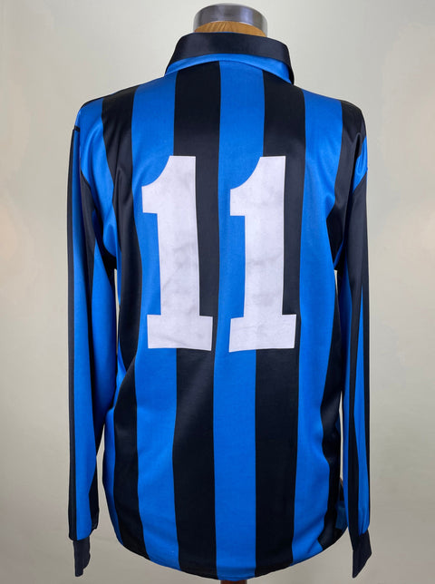 A black and blue striped match worn Inter Milan 1988-89 home jersey featuring Aldo Serena's number 11 on the back in light plastic.