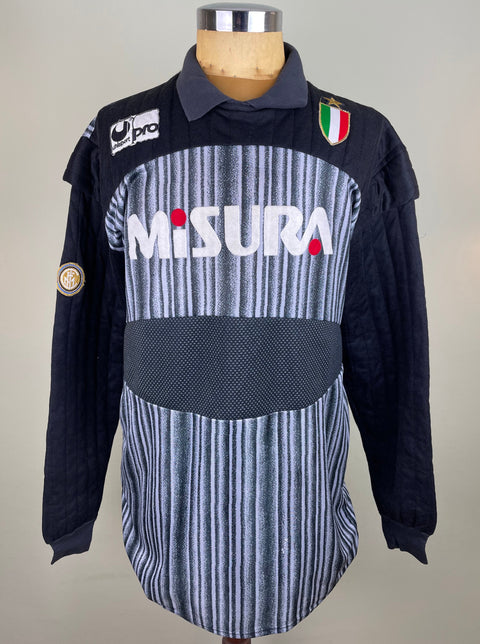 Walter Zenga's match worn long-sleeved Inter Milan 1989-90 Goalkeeper jersey featuring a striped pattern, with 'MISURA' and the Italian national team's crest on the chest, along with a 'Uhlsport PRO' logo.