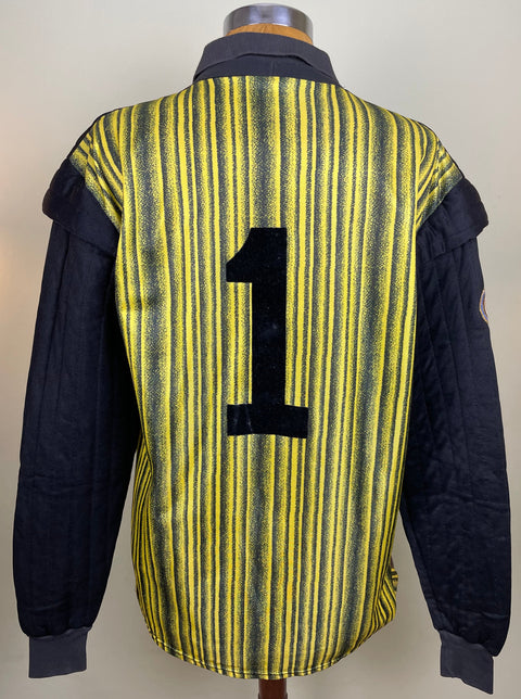Walter Zenga's match worn 1989-90 Inter Milan long-sleeved goalkeeper jersey with yellow and white geometric patterns, featuring Zenga's number 1 on the back n black flock.