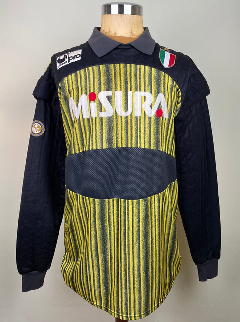 Walter Zenga's match worn 1989-90 Inter Milan long-sleeved goalkeeper jersey with yellow and white geometric patterns, featuring the 'Inter' logo on the chest and Misura Sponsor.