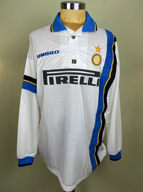 A white Inter Milan Match worn 1997-98 away soccer jersey with Pirelli sponsor in flock on the chest.