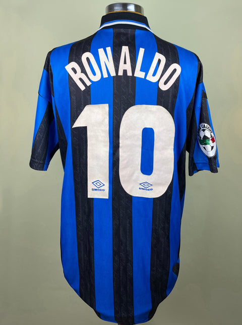 Ronaldo's match worn short-sleeved black and blue Inter Milan 1997-98 jersey with 'RONALDO 10' printed on the back in white flock. The shirt was worn against Juventus.