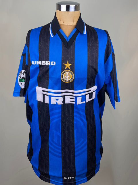 Ronaldo's match worn short-sleeved black and blue Inter Milan 1997-98 jersey with Pirelli Sponsor printed on the front in white flock. The shirt was worn against Juventus.