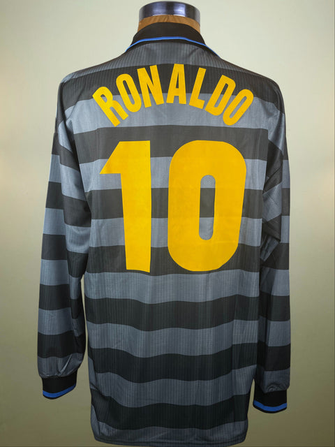 Striped Inter Milan Third jersey with 'Ronaldo' and number '10' on a mannequin against a neutral background