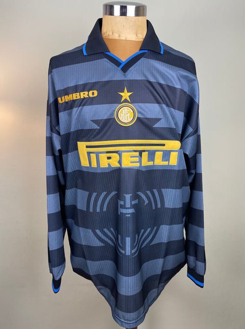 Beppe Bergomi's match worn 1997-98 Inter Milan UEFA Cup third jersey in long sleeve with grey and blue stripes and Pirelli sponsor in flock across the chest.