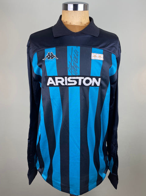 A match worn long-sleeved Stefano Tacconi Juventus goalkeeper jersey, signed, with blue and white stripes, featuring the name 'ARISTON' on the chest and a signature below the collar.