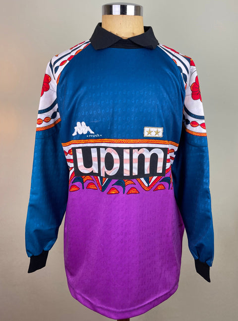 Angelo Peruzzi's match worn long-sleeved Juventus goalkeeper jersey with blue and purple colors, featuring a geometric pattern and Upim sponsor.