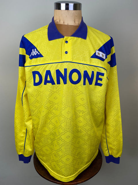 Fabrizio Ravanelli's long-sleeved 93-94 Juventus Away jersey featuring a yellow base and the 'DANONE' sponsor on the front.