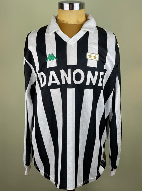 Antonio Conte's match worn 1993-94 Juventus long sleeve home shirt with back and white stripes and Danone sponsor on the front.