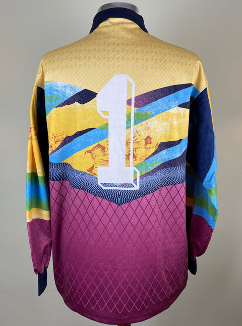 Angelo Peruzzi's match worn 1993-94 Juventus goalkeeper jersey with number 1 on the back and wild yellow and purple patterns.