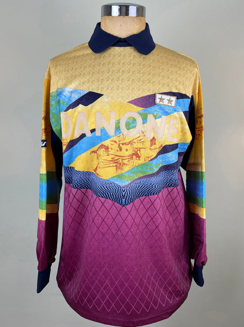 Angelo Peruzzi's match worn 1993-94 Juventus goalkeeper jersey with Danone sponsor in flock and wild yellow and purple patterns.