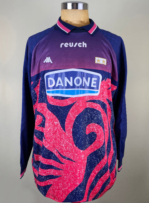 Match worn Angelo Peruzzi Juventus 1994-95 goalkeeper top with number 1 on the back and Danone logo in plastic on the front and wild pink and blue pattern.